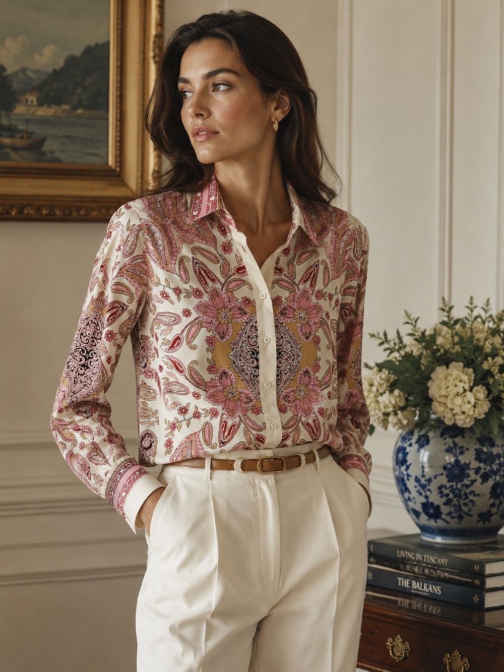 Rachel Zoe handkerchief button down shirt/blouse S pink floral/paisley luxury